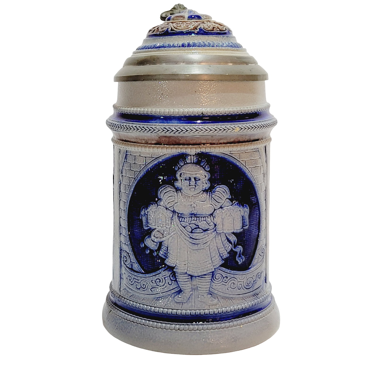 Simon Peter Gerz #845, German Beer Stein, Barmaid and Tavern Scenes: 1/2 Liter stoneware blue salt glaze in relief with very nice stoneware inlay lid, circa early 1900