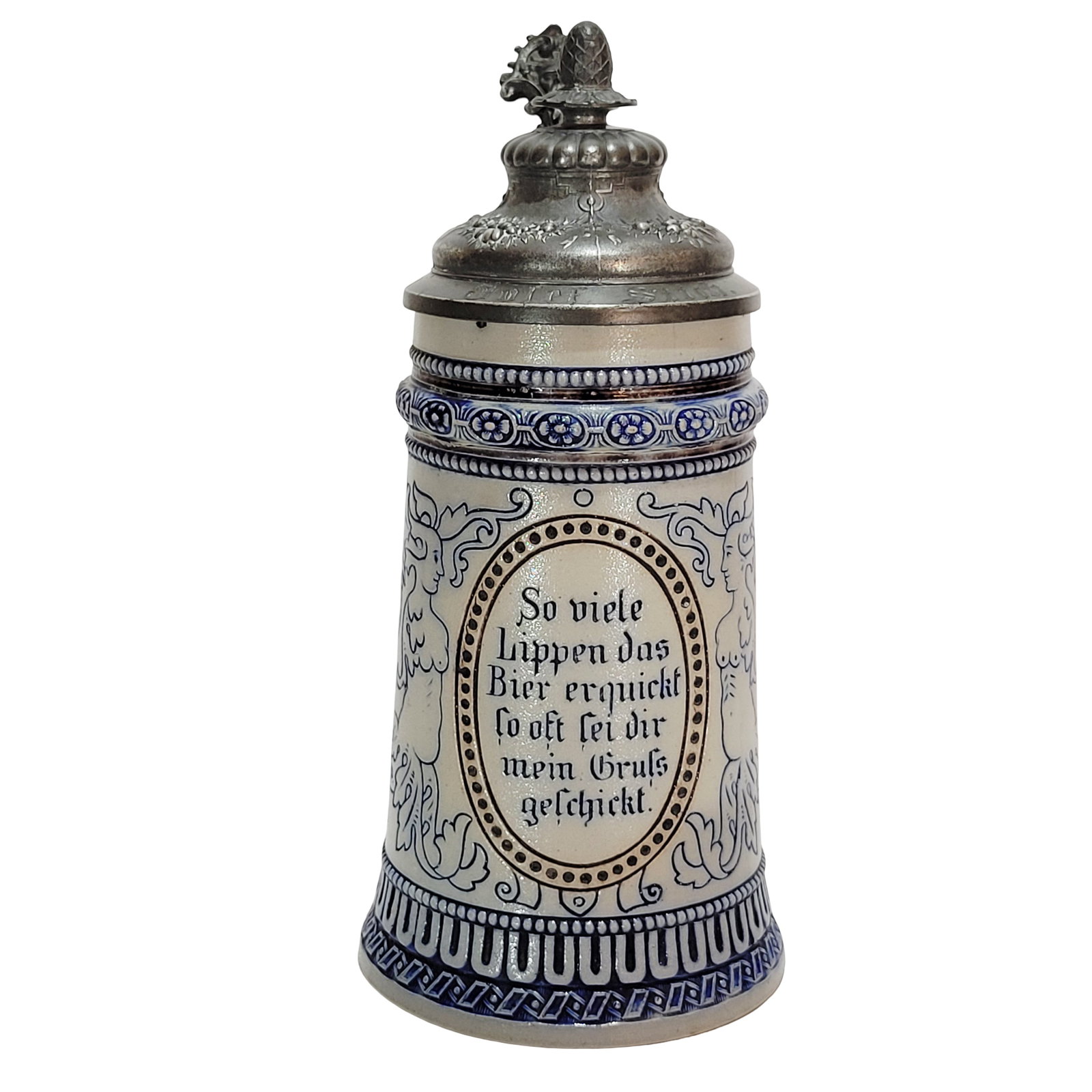 Fritz Thenn Stein, German Beer Stein, Cherubs with Saying: 1/2 Liter stoneware etched blue salt glaze with very nice engraved pewter lid named to Josef Stich, Text - As many lips refreshed by beer, so often my greetings is send, circa late 1870's