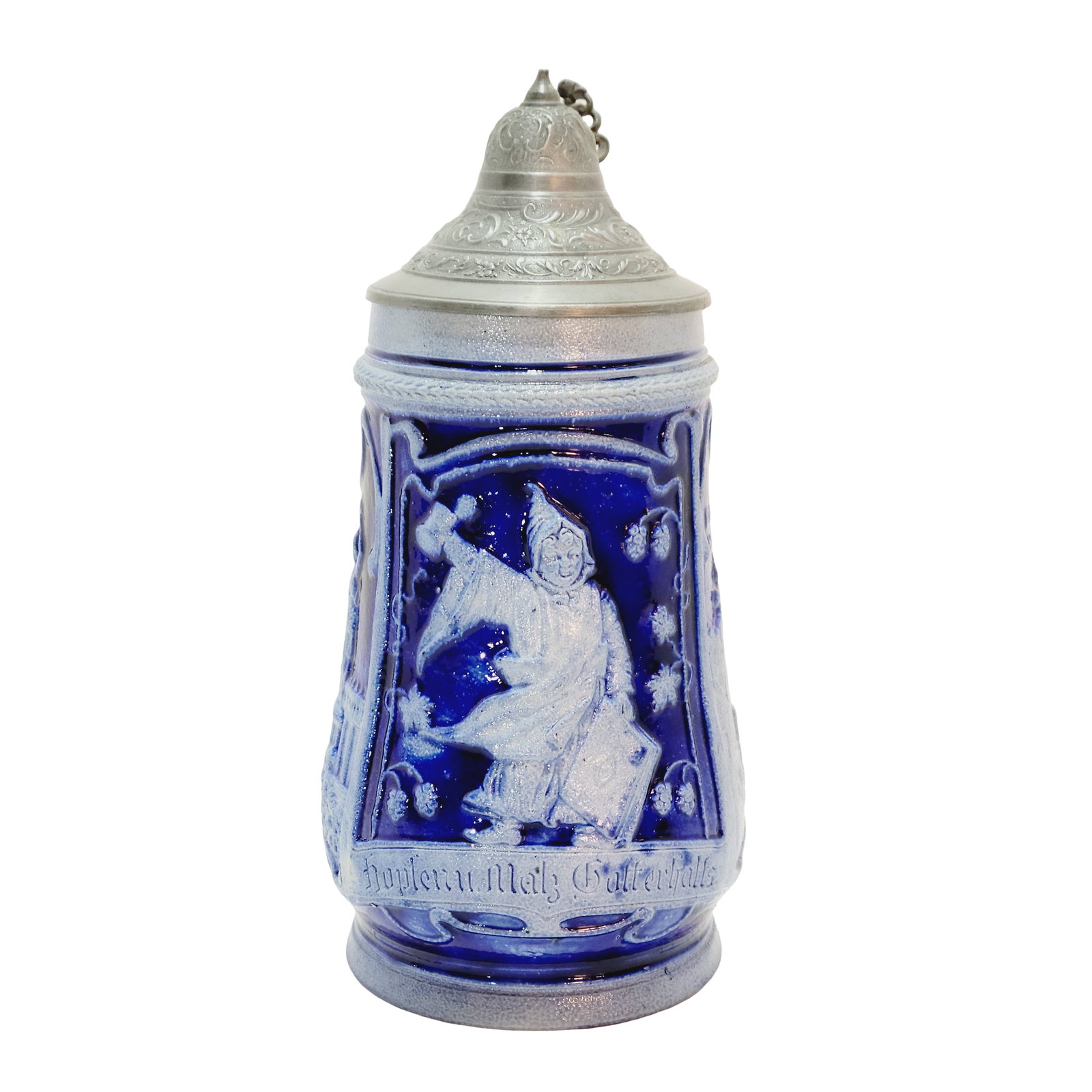 Beer Stein, German Beer Stein, Munich Child Holding a Stein: 1/2 Liter stoneware blue salt glaze in relief with 3 panels and nice pewter lid, circa late 1890's