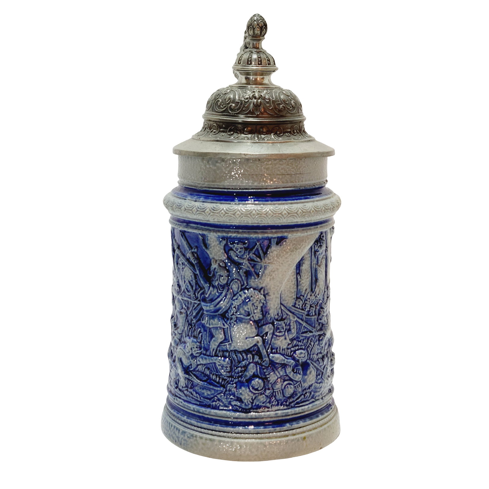 Dumler & Breiden #43, German Beer Stein, German and Roman Battlefield: 1/2 Liter stoneware blue salt glaze in relief with nice pewter lid, circa 1880's