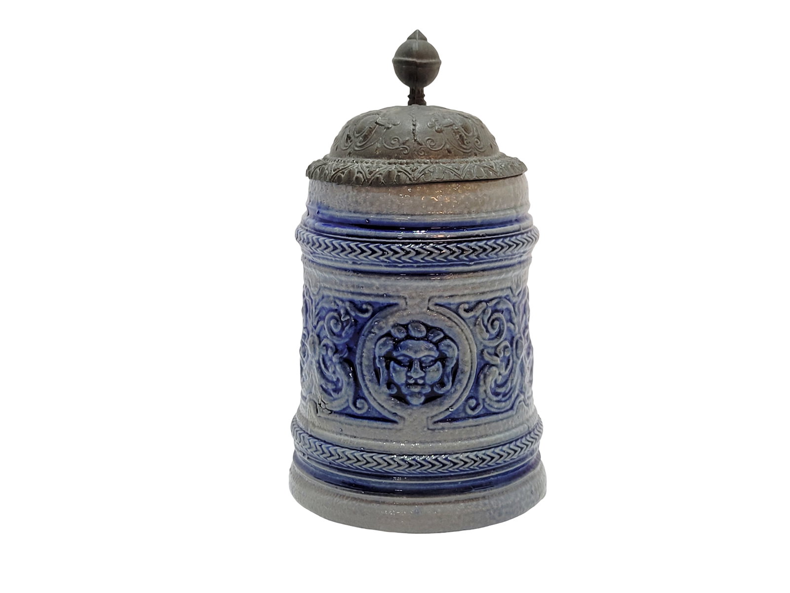 Marzi & Remy #953, German Miniature Beer Stein, Grotesques: 1/16 Liter stoneware blue salt glaze in relief with pewter lid, circa late 1890's