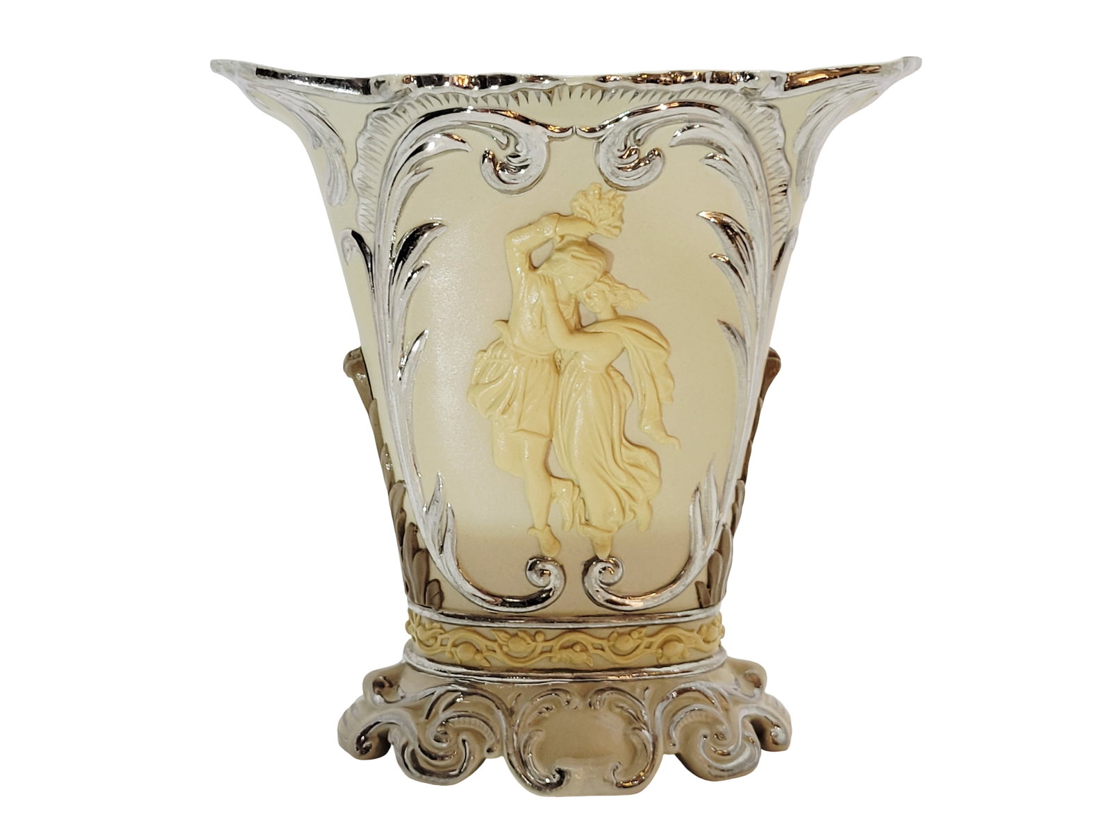 Villeroy & Boch Mettlach #28, German Vase, Early Ware Vase: 6 1/2" Tall by 6 3/4" Wide stoneware in raised relief tapered body to a flared ornate foot, florals enameled in platinum, circa 1850's