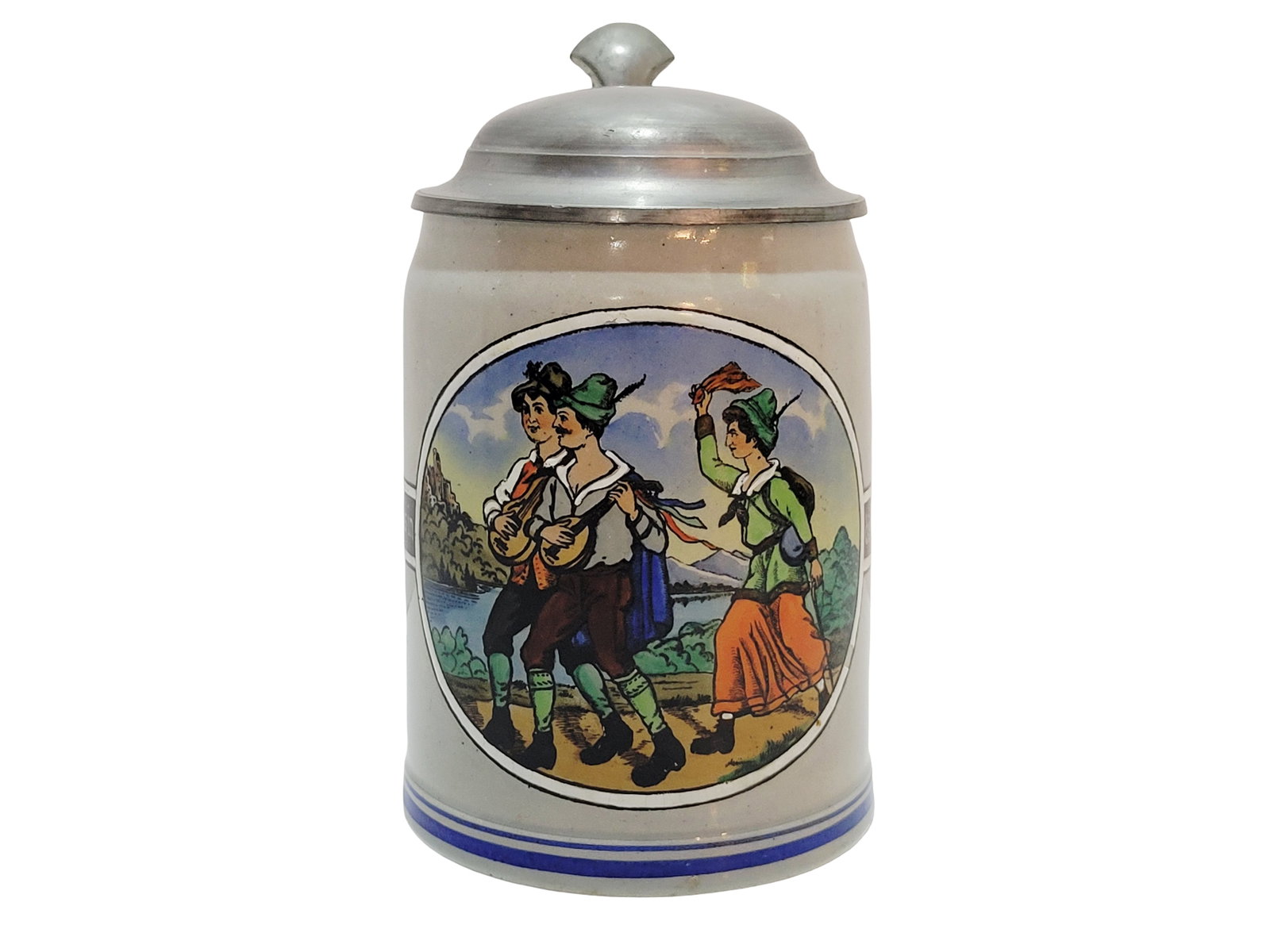 Eckert & Engler Stein, German Beer Stein, Boys Being Festive: 1/2 Liter stoneware salt glaze, hand embellished transfer with pewter lid, Text - Out into the wide world!, circa 1918