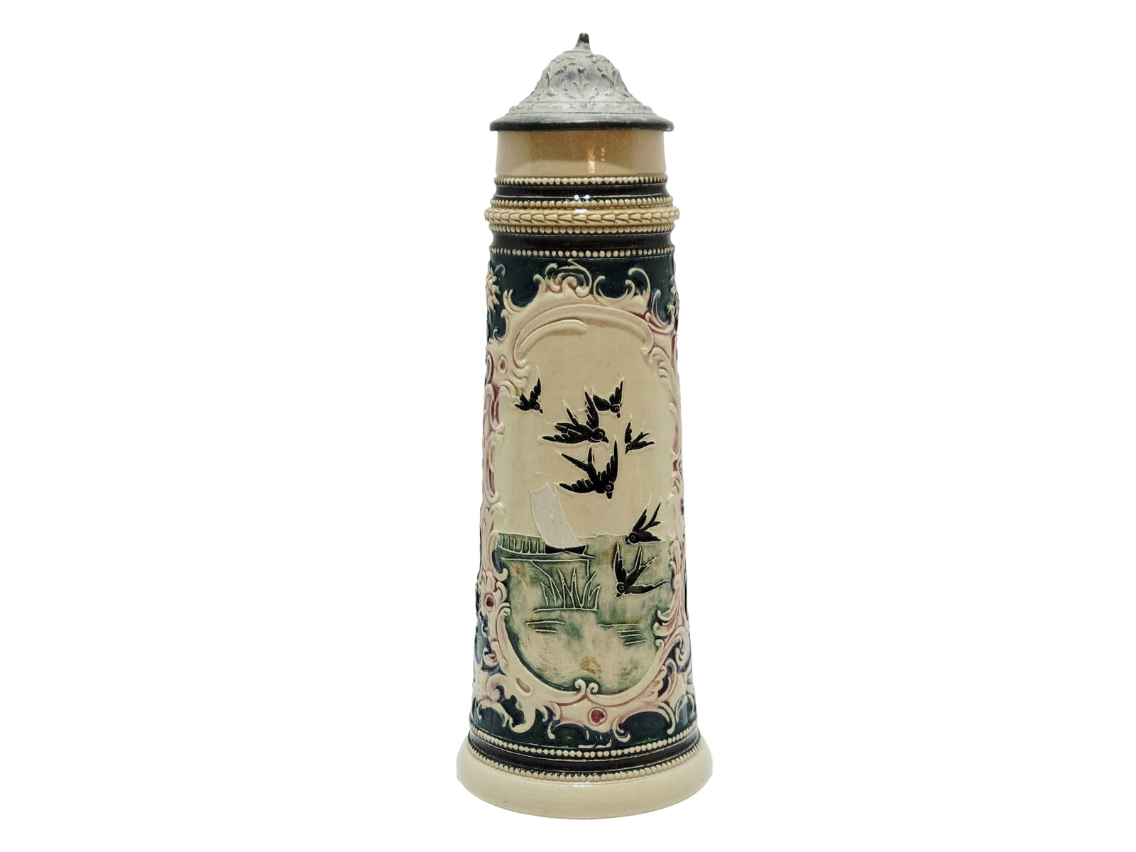 Adolf Diesinger #7260, German Beer Stein, Birds and Sailboat: 1/4 Liter pottery in relief with pewter lid, this stein is tall and skinny, uncommon, 1900's
