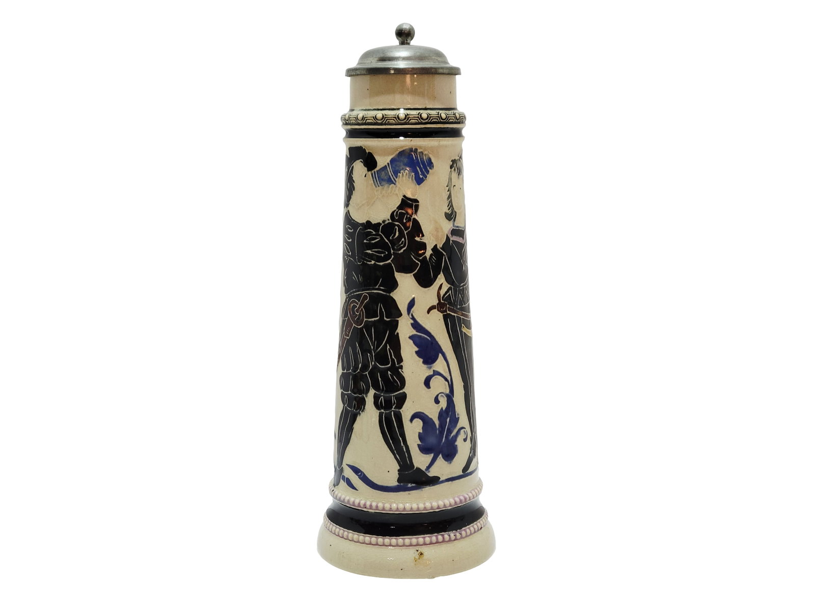 Adolf Diesinger T5, German Beer Stein, Knight Drinking with Squire: 0.4 Liter pottery in relief with pewter lid, this stein is tall and skinny, uncommon, 1900's