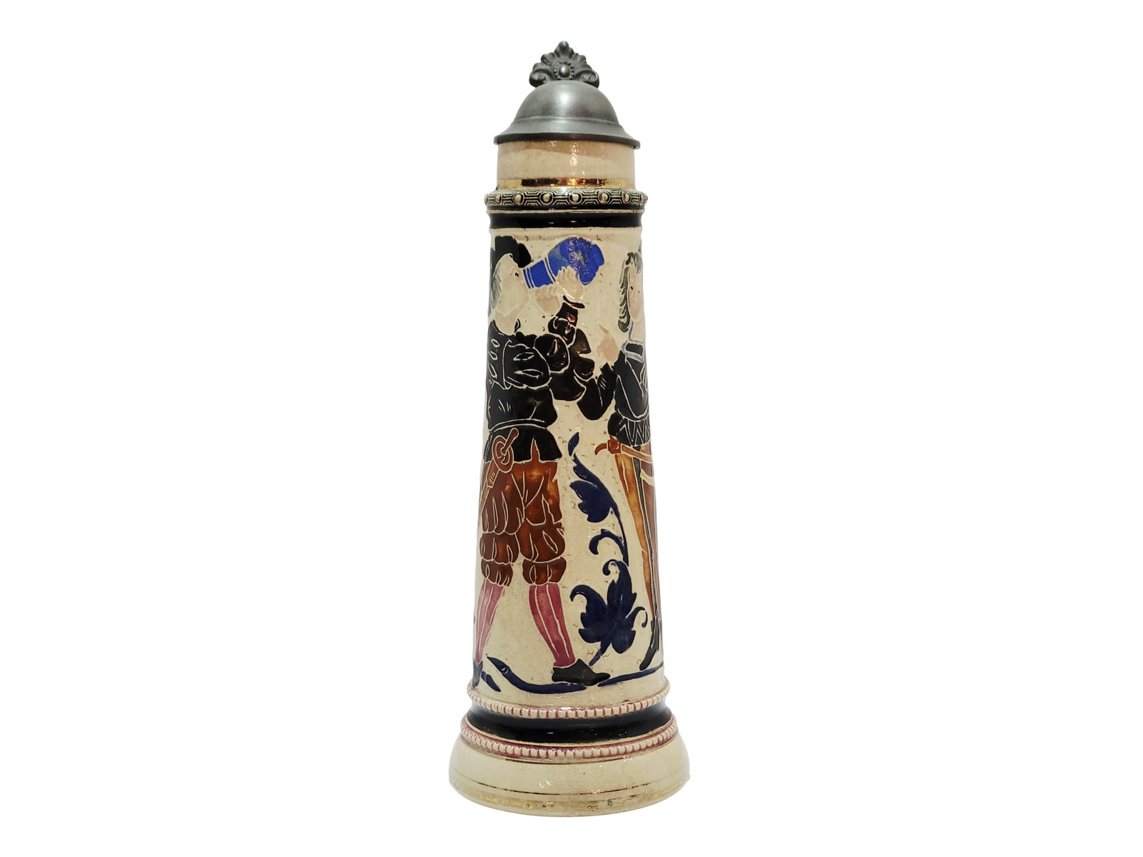 Adolf Diesinger T5, German Beer Stein, Knight Drinking with Squire: 0.4 Liter pottery in relief with full color and pewter lid, this stein is tall and skinny, uncommon, 1900's