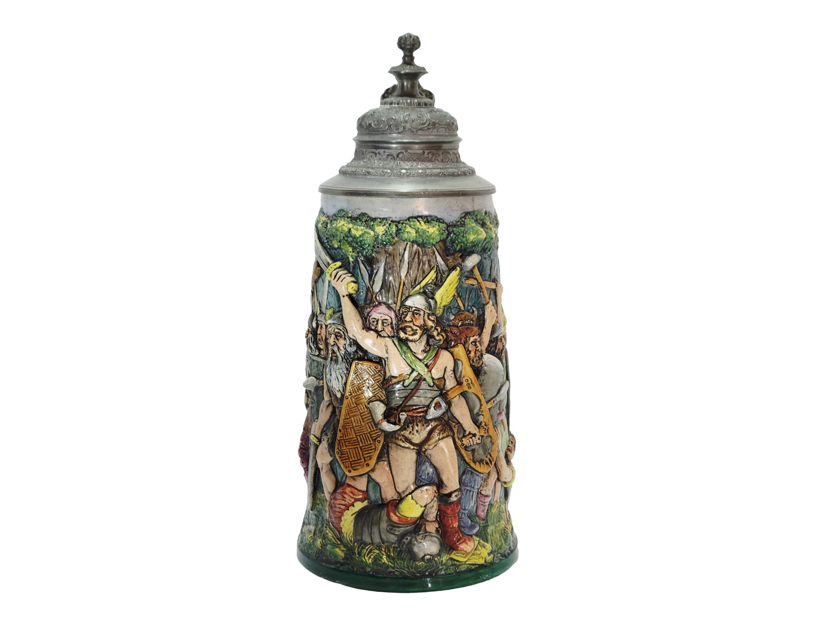 Dumler & Breiden #555, German Beer Stein, German Warrior: 1.0 Liter pottery in raised relief and full color with very nice pewter lid, circa 1890's