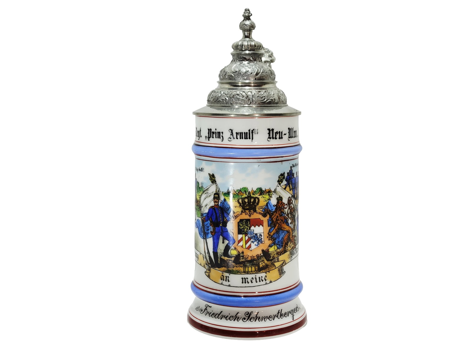 Regimental Stein, German Regimental Beer Stein, 3. Komp.12.Inf.Regt.,,Prinz Arnult" Neu-Ulm.: 1/2 Liter porcelain hand embellished transfer with nice pewter lid and lithophane, 5 scenes, Owner - Friedrich Schnertberger, circa 1903