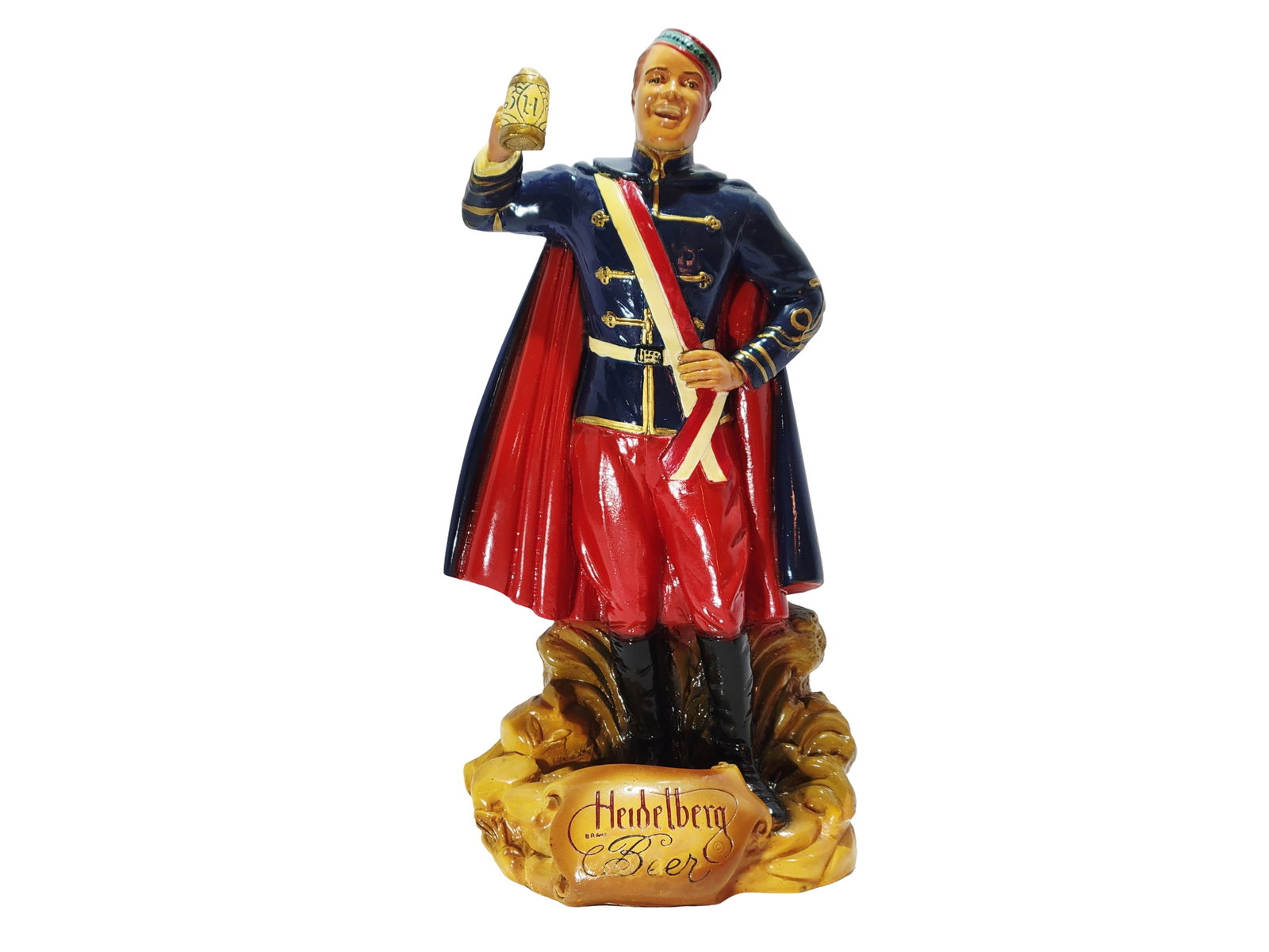 Brewery Advertising Statue, Tacoma Washington, Heidelberg Beer: 13 3/4" Tall by 6 1/4" Wide resin with etched title, Heidelberg Beer, vibrant colorful hand painted figure, circa 1912