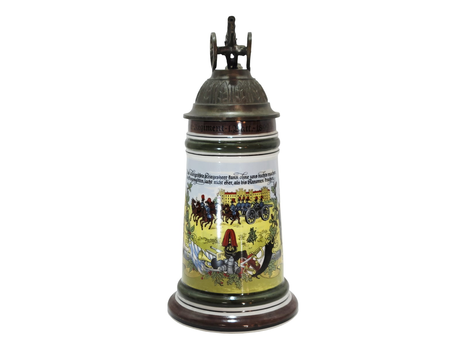 Richard Klemm Reproduction Regimental Stein, German Regimental Beer Stein,: 1/2 Liter porcelain hand painted with pewter lid and lithophane, 3 scenes and roster, circa 1900's