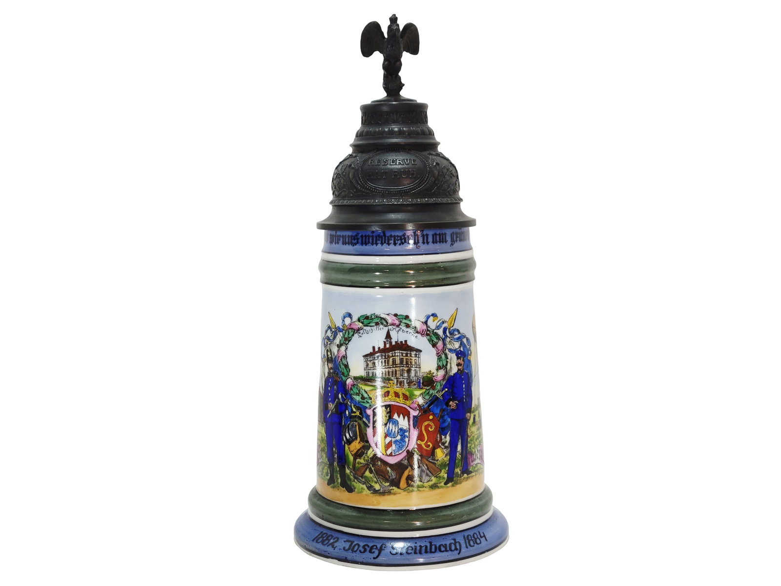 Richard Klemm Reproduction Regimental Stein, German Regimental Beer Stein, Balloon Reservist Stein: 1/2 Liter porcelain hand painted with pewter lid and lithophane, 3 scenes and roster with green enameled bands, circa 1900's