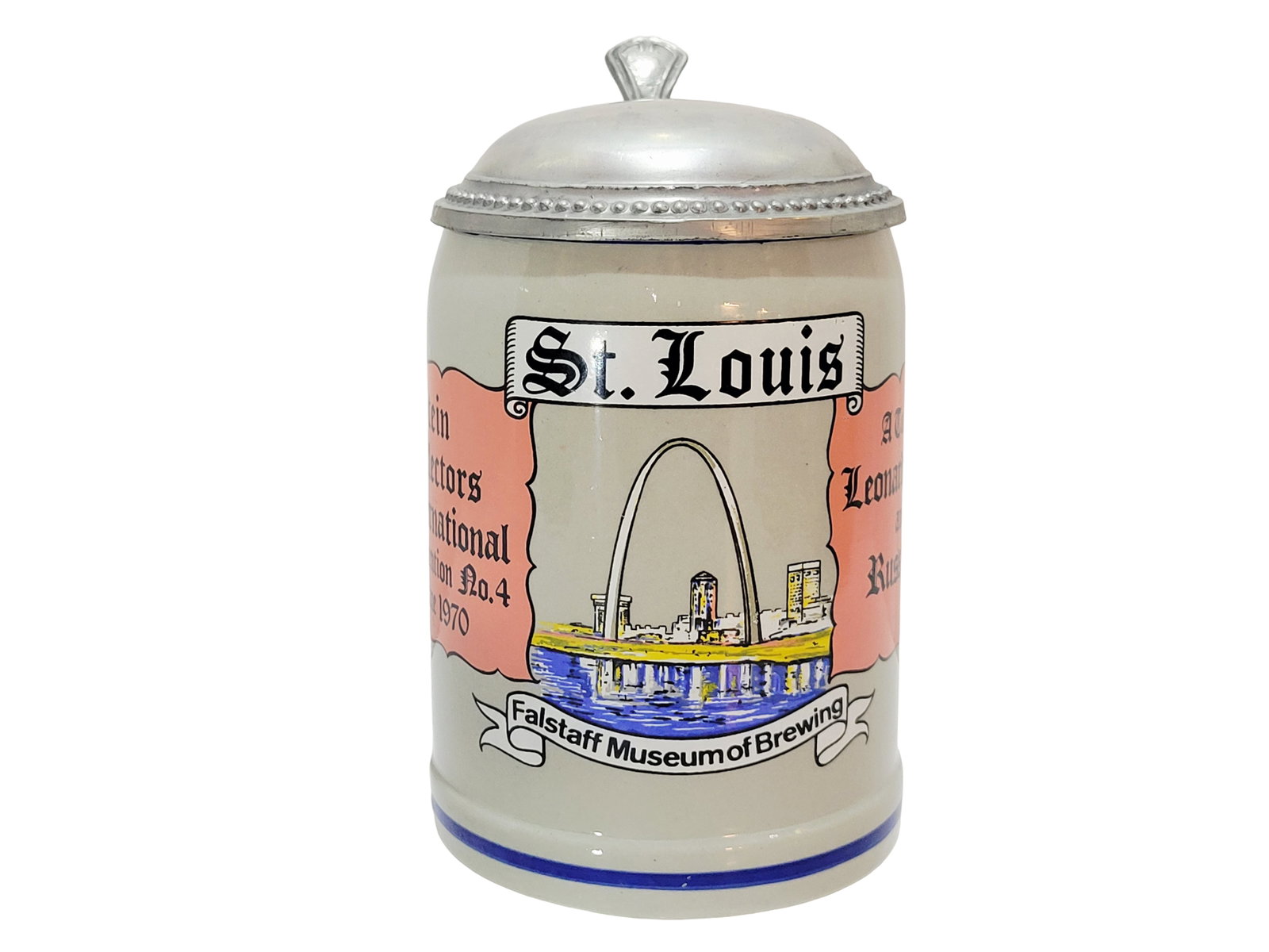Wick-Werke Stein, German Beer Stein, Stein Collector International St. Louis Convention 1970: 1/2 Liter stoneware print under glaze with pewter lid, circa 1970