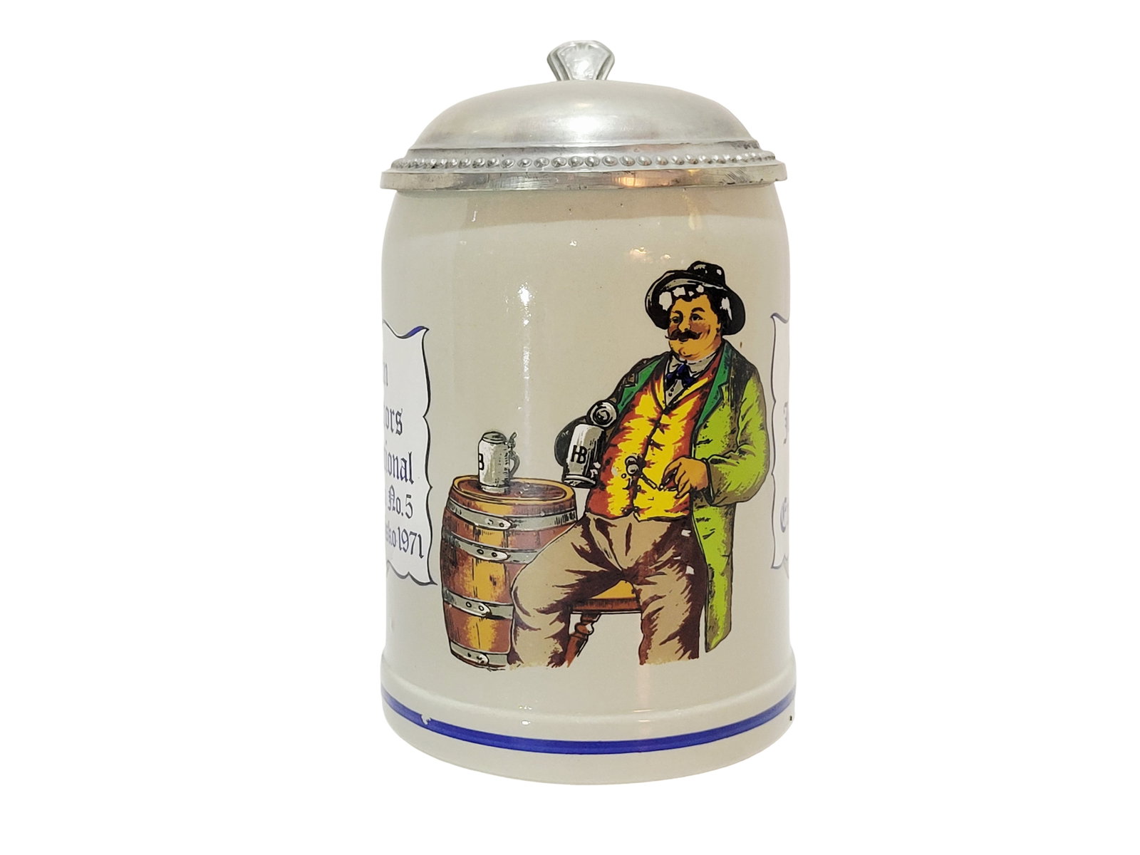 Wick-Werke Stein, German Beer Stein, Stein Collector International San Francisco Convention 1971: 1/2 Liter stoneware print under glaze with pewter lid, circa 1971