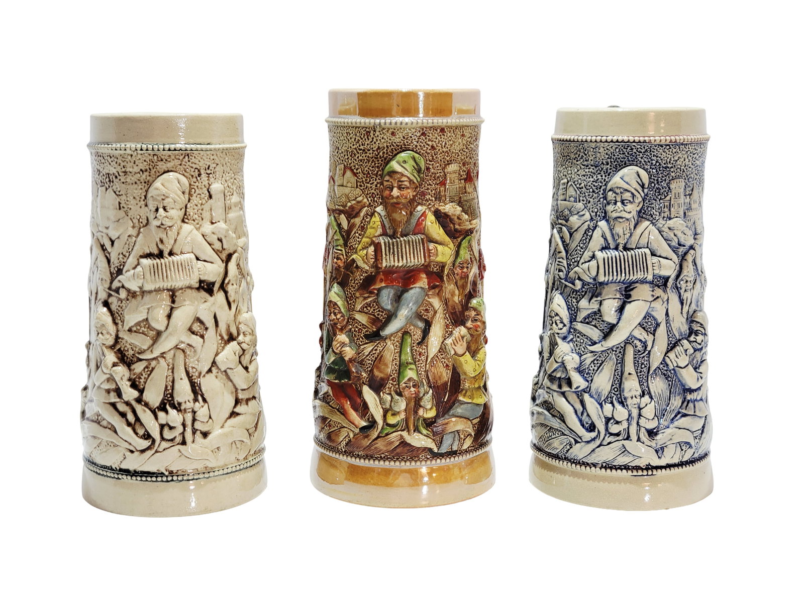 Adolf Diesinger #780's, German Souvenir Beer Stein, Three Musical Gnomes Steins: Three 1.0 Liter pottery steins in raised threaded relief, 1 tan, 1 blue and 1 full color, Text - Happily awake each morning, drink your jug without sorrow, circa late 1890's