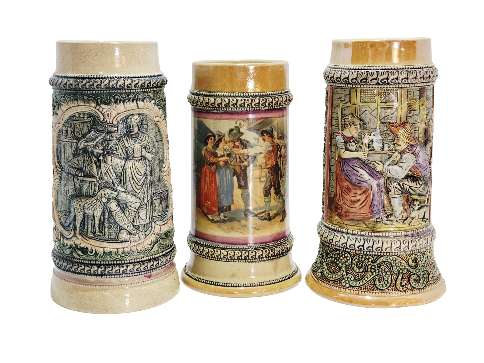 Adolf Diesinger P7, #199 & #47, German Souvenir Beer Stein, German Couples, Tavern Scene and Couple: 1/2, 1.0, and 1/2 Liter pottery steins in relief, 1 transfer, 1 lmtd. Color and 1 full color, Text - The sunshine of life is drinking and being happy, circa 1880's to 1890's
