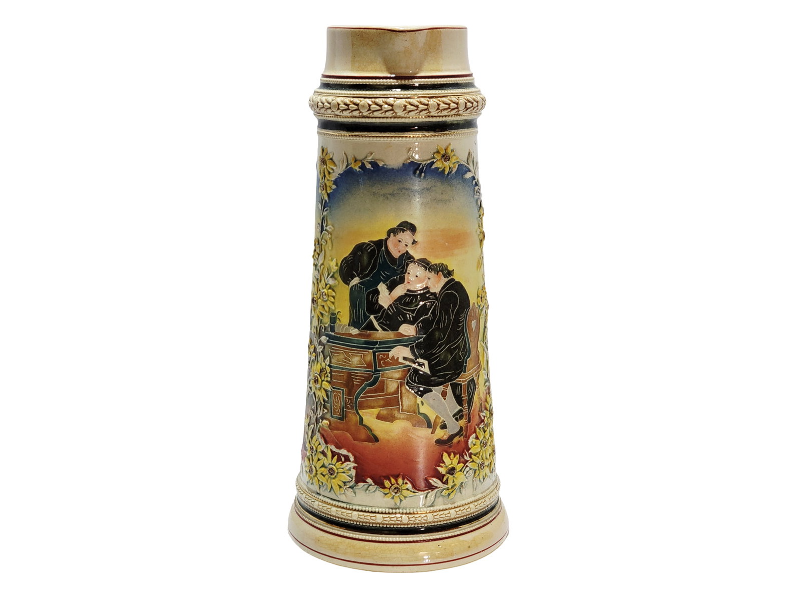 Adolf Diesinger T37, German Souvenir Beer Stein, Business Meeting: 2.0 Liter pottery in glazed relief and full color, very nice stein, circa 1890's