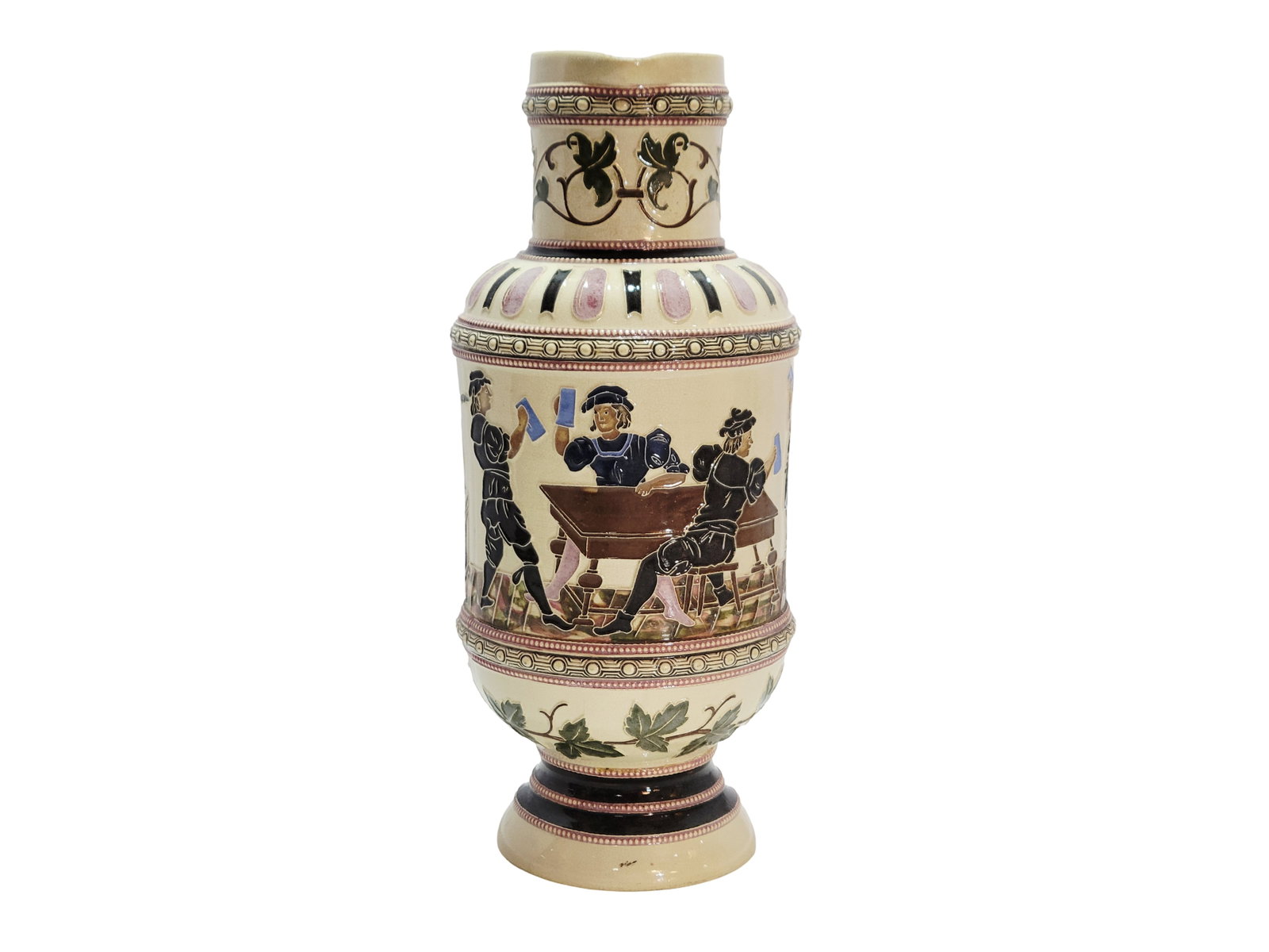 Adolf Diesinger #1112, German Souvenir Beer Stein, Tavern Scene: 2 1/4 Liter pottery in jglazed relief and full color, very nice stein, circa 1890's