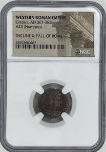 Roman Empire AD 367-383 AE3 Coin NGC: Roman Empire AD 367-383 AE3 Coin - NGC CertifiedDelve deep into the annals of history with this genuine Roman Empire AE3 coin from AD 367-383. Authenticated and certified by the renowned NGC, this