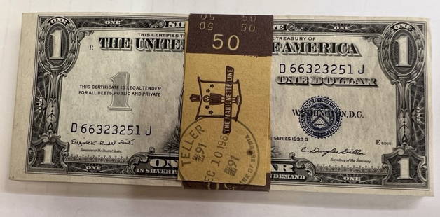 50 - 1935-G $1 Silver Cert W/ Motto In God We Trust Consecutive: 1935-G $1 Dollar Bill Silver Certificate Note W/ Motto "In God We Trust" – 50 Consecutive Serial Numbers, Original Band Description: For the true aficionados of Numismatics, we present the 1935