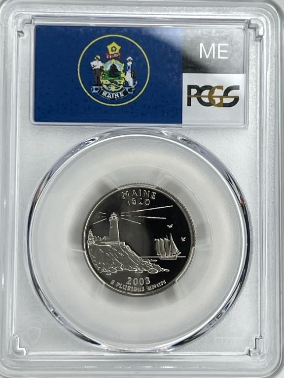 2003-S 25C Maine PCGS PR70DCAM: 2003-S 25C Maine State Quarter: A Numismatic Marvel Introducing the 2003-S 25C Maine State Quarter from the acclaimed US Mint State quarter series. This coin is not just any ordinary quarter but a tes