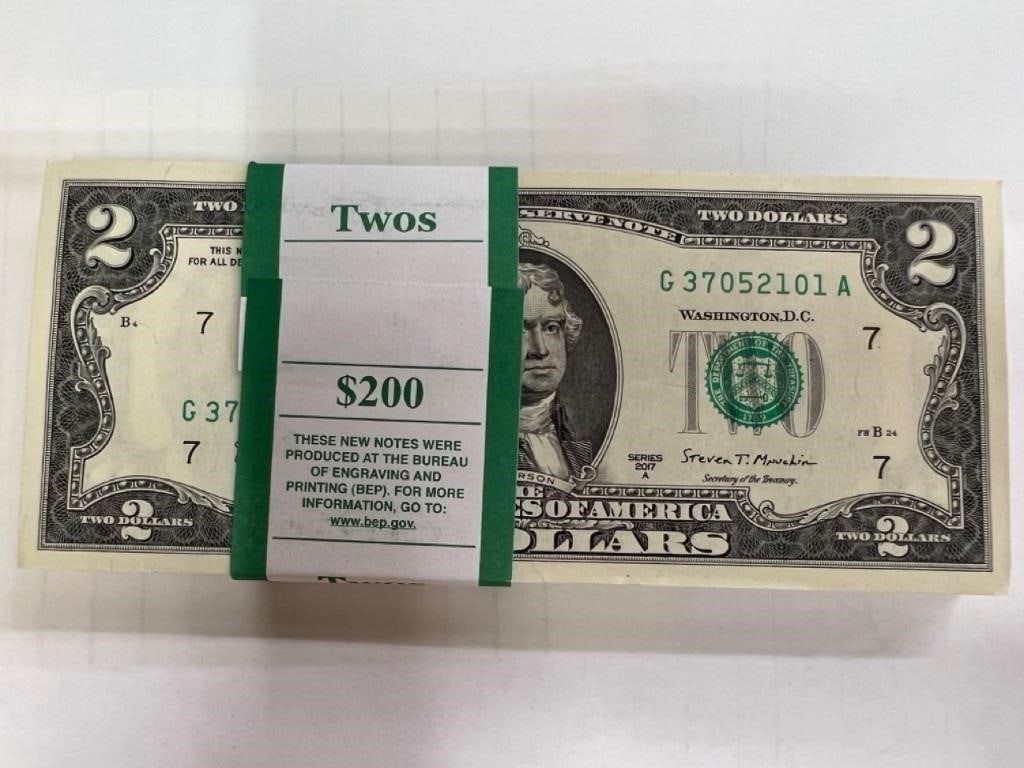 100 NEW 2017- $2 Bills Unc Consecutive Serial #s (1 of 4)