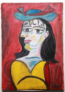 Pablo Picasso Woman with Blue Hat + COA: PABLO PICASSO OIL PAINTING ON CANVAS WITH COA. SIZE: 39 x 55cm Woman with Blue Hat with COA. Very beautiful painting and has high market value! Pablo Picasso is probably the most important figure of t