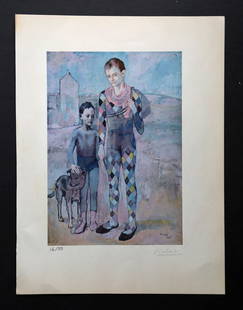 Original Pablo Picasso Litho Print 1905 from PLATE 8 with COA: Pablo Picasso Litho Print with COA. Title: "Two Saltimbanques With a Dog" Original Painting Size: 41.5 x 29.5 inch. Lithoprint Size: 27.5 x 36.7cm. Sold without any restoration or cleaning process. Wi