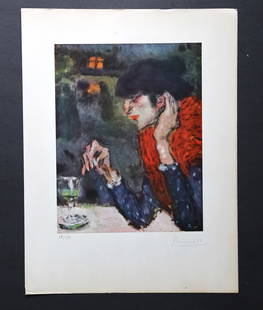 Original Print Pablo Picasso "The Absinthe Drinker" 1901 with COA: Pablo Picasso Litho Print with COA. Title: "The Absinthe Drinker" 1901 Original Painting Size: 30.3/8 x 26.3/8 inch. Lithoprint Size: 27.5 x 36.7cm. This Litho print is from a Private art collector. P