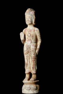 Standing Buddhist Bodhisattva Statue From Qing zhou Long Xing: Standing Buddhist Bodhisattva Statue From Qing zhou Long Xing Size: 40cm height Estimate shipping fee for this item is around $550 The Condition Report states Boc Auction House's reasonable opinion as