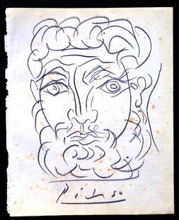 Pablo Picasso (Spanish, 1881-1973 Male Statue Drawing on Paper: PABLO PICASSO Male Statue Drawing on Paper. This beautiful vintage painting from private art collector. SIZE: 250 x 280 mm. It also come with Certificate of Authenticity from Vikan Curator. Please loo