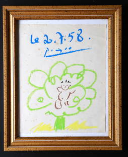 Pablo Picasso Crayon Painting on Paper: Pablo Picasso Crayon Painting on Paper PABLO PICASSO (25 October 1881 – 8 April 1973) DATED: 2.7.58 Material: Paint on Paper (Crayon) Signature: PICASSO Condition report : See all the photos. Dimens