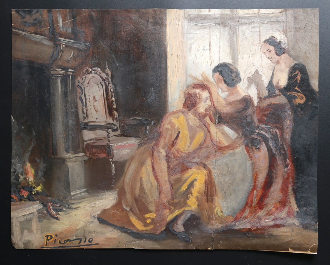 Pablo Picasso Oil on Paper Attributed: Pablo Picasso Oil on Paper Attributed Pablo Picasso TITLE: Unknown Material: Oil on Paper Signature: Picasso Condition report : Please see all the photos. Painting in fairly good condition with some b