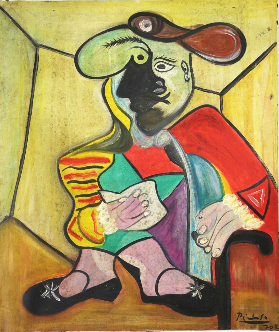 PABLO PICASSO Oil on Canvas Dated 2.8.1970 II: PABLO PICASSO Oil on Canvas Dated 2.8.1970 II This beautiful vintage painting from private art collector. SIZE: 542 x 640 mm. It also come with Certificate and Valuation Letter from NOAR. Please look 