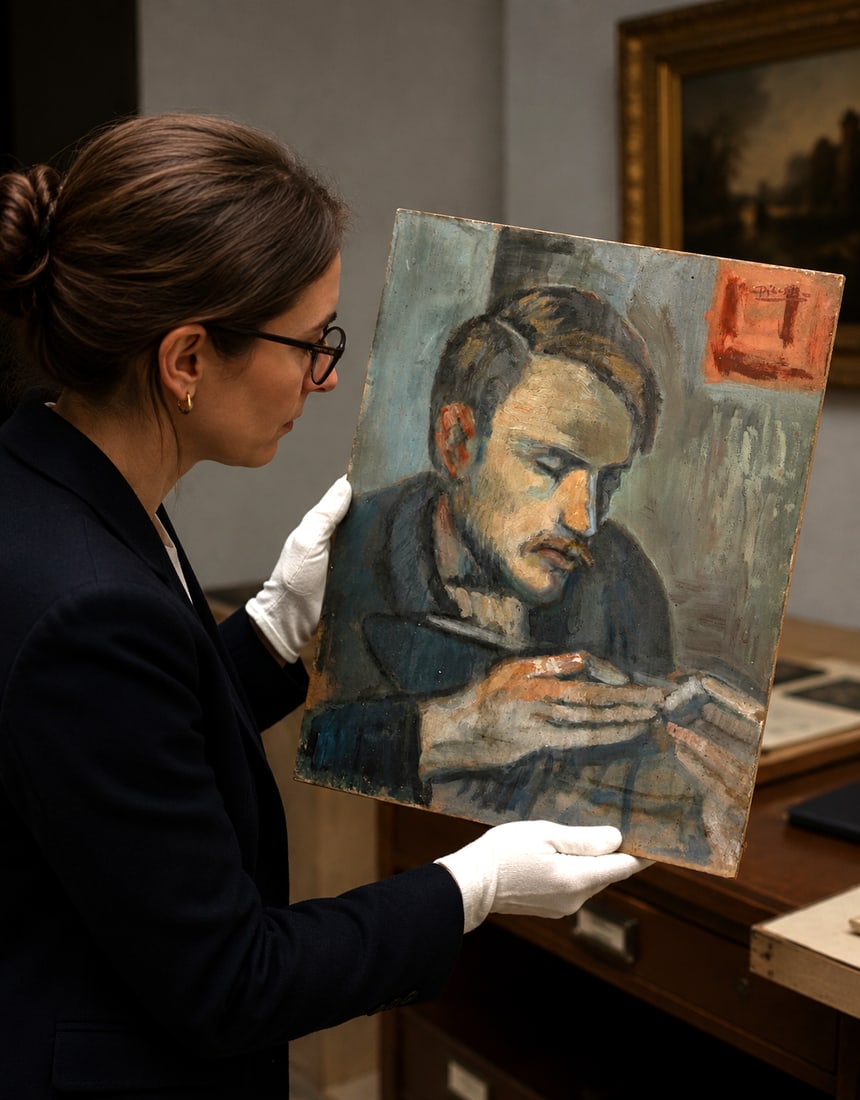 PABLO PICASSO Blue Period "Portrait of Mateau Fernández de Soto": PABLO PICASSO Blue Period "Portrait of Mateau Fernández de Soto" Size: 40.3cm x 50cm This painting come with COA Provenance: Private collection “Picasso was known for revisiting and repaint