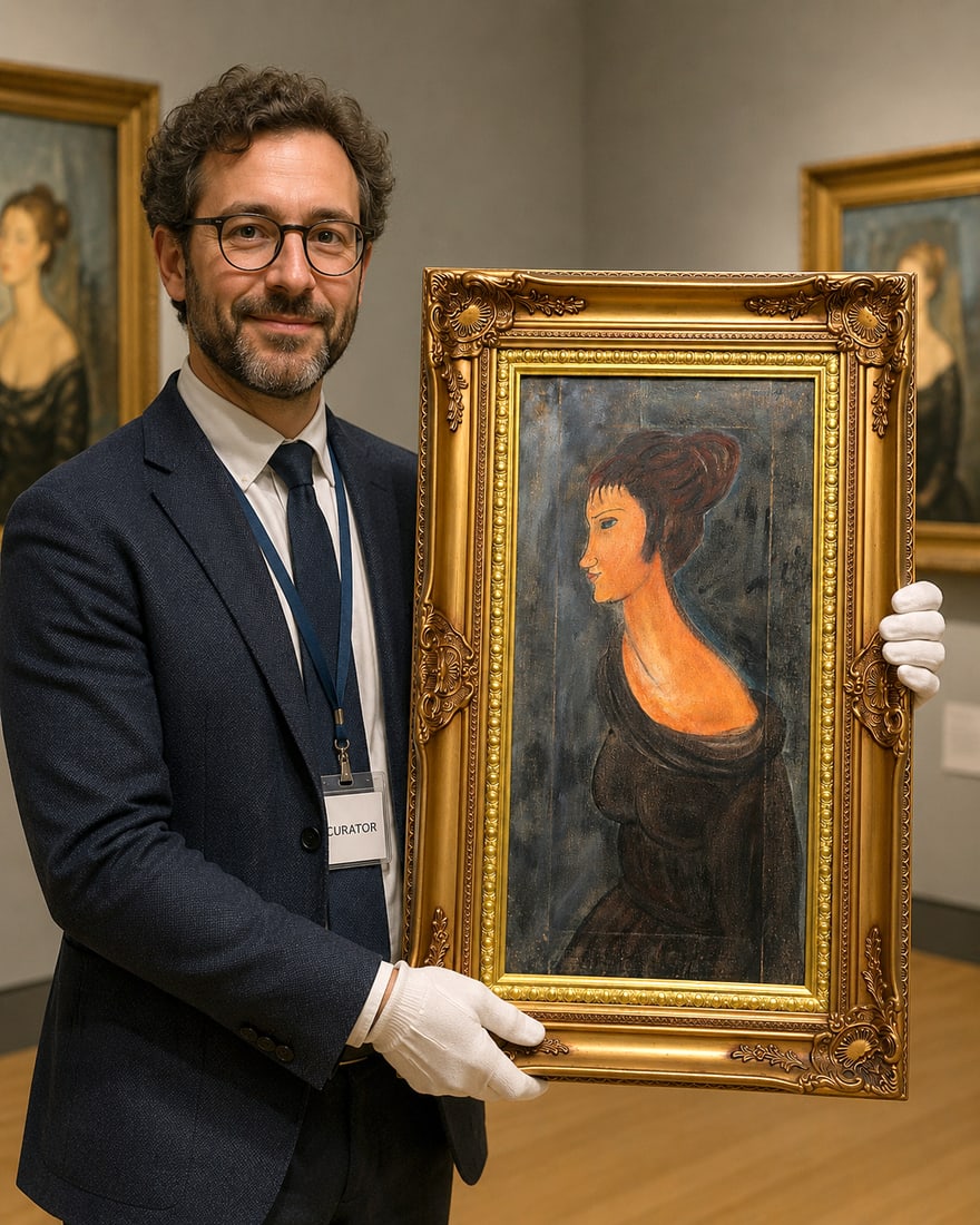 Amedeo Modigliani (1884–1920) Woman with Blue Eyes. Oil on Canvas: Amedeo Modigliani (1884–1920) Woman with Blue Eyes. Oil Painting on Canvas Provenance: Private art collector Title: Woman with Blue Eyes Size of the Frame: 49 x 79.5cm Size of the Painting: 30 x