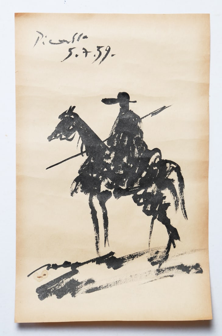 PABLO PICASSO 5.7.59 Drawing on paper Signed Picasso: PABLO PICASSO 5.7.59 Drawing on paper Signed Picasso This beautiful vintage painting from private art collector. SIZE: 20.5 x 32.5CM. Provenance: Private collector Berlin It also come with Certificate
