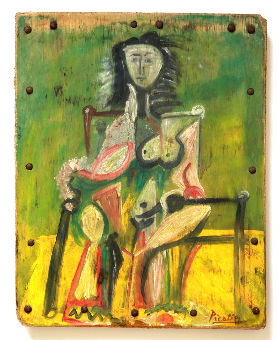 Pablo Picasso Oil Painting on Board: Pablo Picasso Oil Painting on Board PABLO PICASSO (25 October 1881 – 8 April 1973) TITLE: Nude Seated Woman. Material: Paint on Board Signature: Bottom right. Condition report : painting in fair