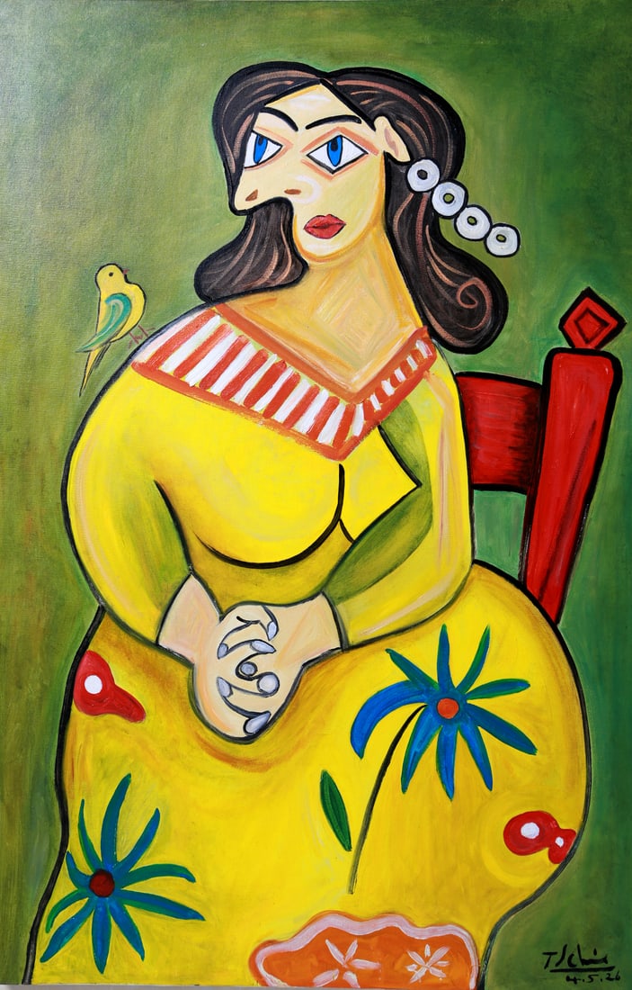 Original Oil Paiting on Canvas by TSChin – "The Composed Presence": TSChin – "The Composed Presence" The Composed Presence represents TSChin's continuing exploration of the human condition through color, geometry, and symbolism. The work invites viewers to pause