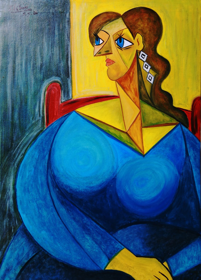 Fragmented Presence by TSChin Original Oil Painting on Canvas: Title: "Fragmented Presence" Artist: TSChin Title: Fragmented Presence Medium: Oil on Canvas Dimensions: 61 × 85 cm Artist Statement: Fragmented Presence is a compelling contemporary portrait by 