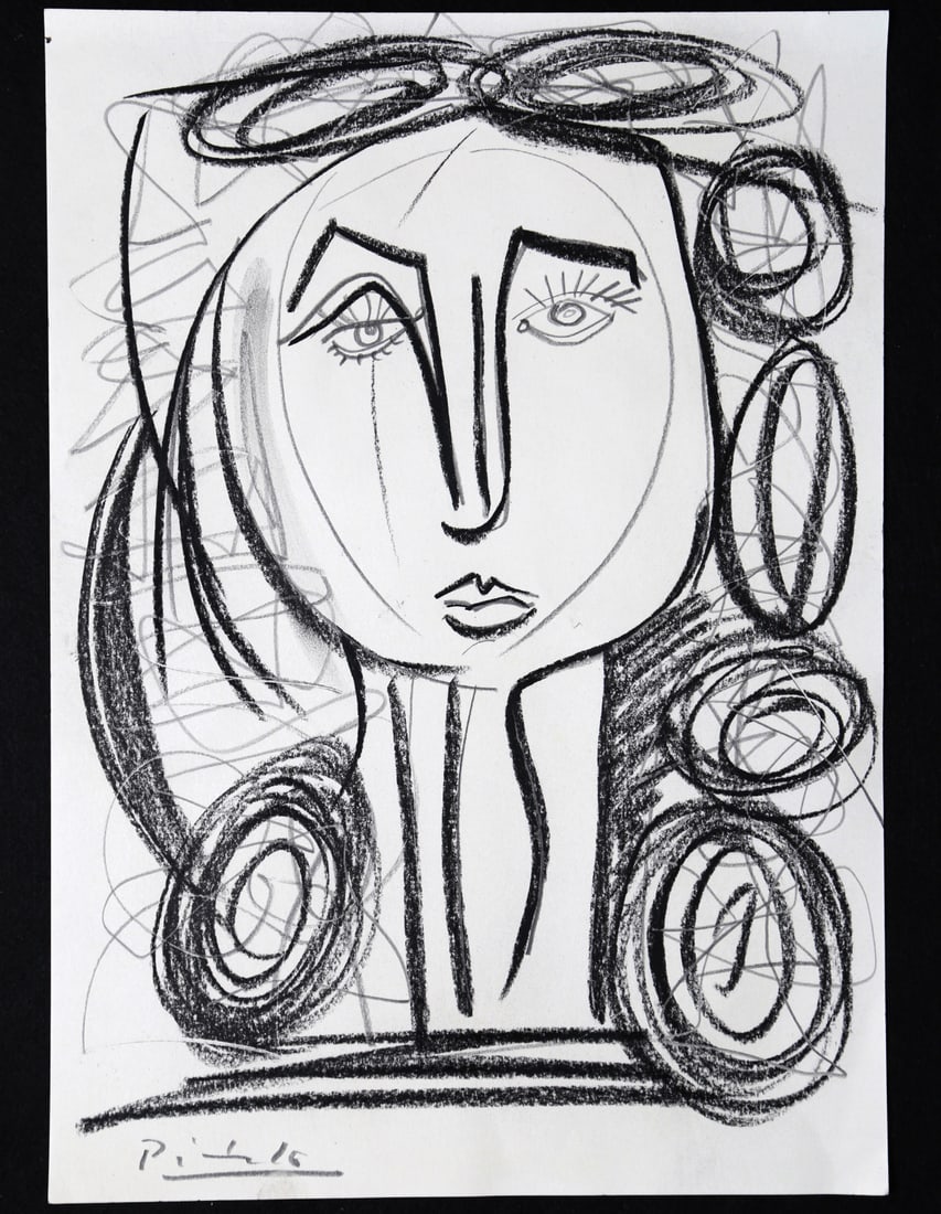 Picasso Large Drawing Dark Pencil Drawing on Paper Signed + COA: PABLO PICASSO Dark Pencil Drawing on Paper Size: 29.5 x 41.7cmThis painting come with COA Provenance: Private collection “Picasso was known for revisiting and repainting similar portraits and co