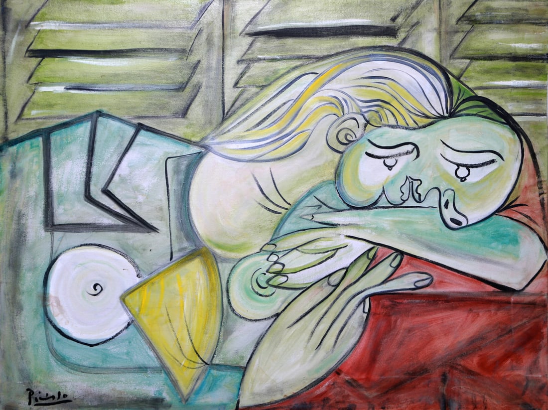 Pablo Picasso (1881–1973) Silent Sorrow Oil Painting on Canvas: Artist: Pablo Picasso (late Cubist period) Medium: Oil on Canvas Style: Cubism / Modern Expressionism Size: 65.6 x 50cm Provenance: Private collection (Berlin) Certificate: Yes Silent Sorrow is a deep
