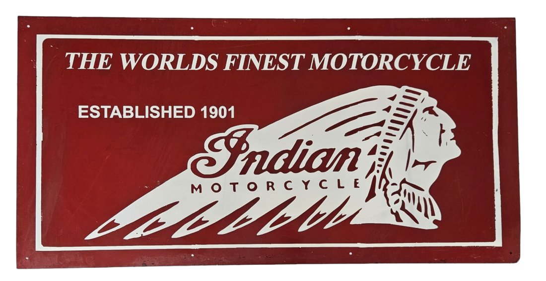VINTAGE INDIAN MOTORCYCLE RED & WHITE 4'x2' GARAGE SHOP STORE ADVERTISEMENT DISPLAY METAL SIGN (1 of 2)