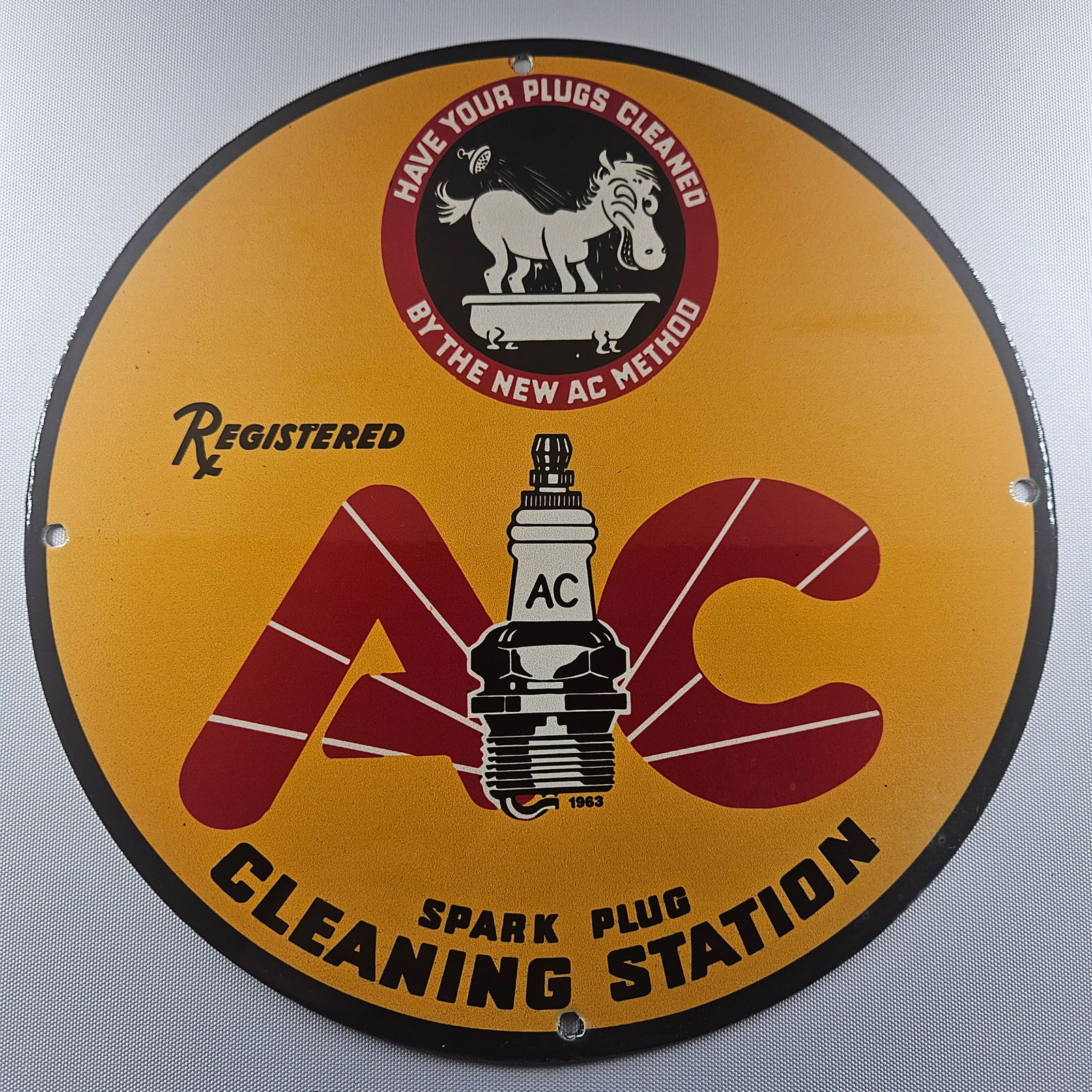 1963 AC Spark Plug Cleaning Station 12-inch Porcelain Sign (1 of 2)