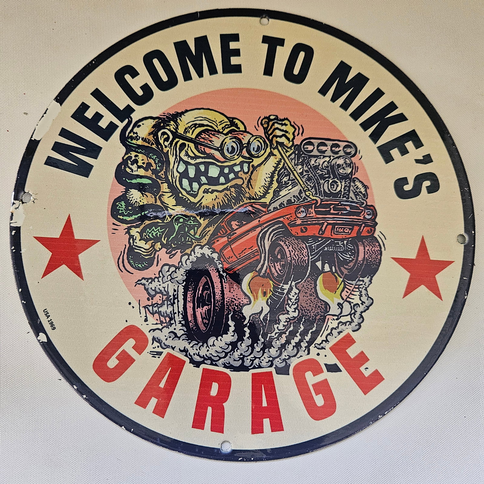 1969 WELCOME TO MIKE'S GARAGE GAS OIL GARAGE MAN CAVE PORCELAIN SIGN (1 of 2)