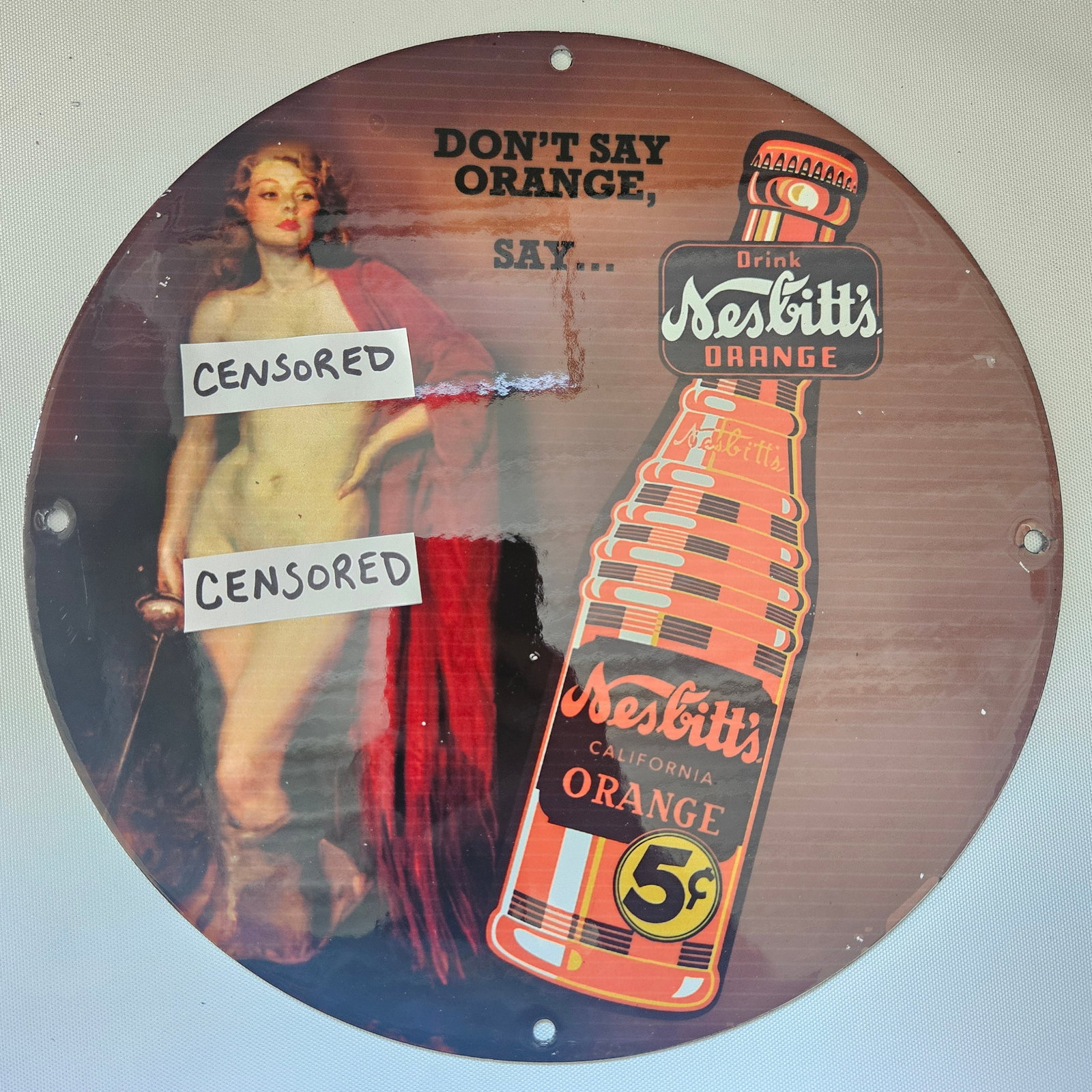 DRINK NESBITT'S ORANGE GAS OIL GARAGE MAN CAVE PORCELAIN SIGN (1 of 2)