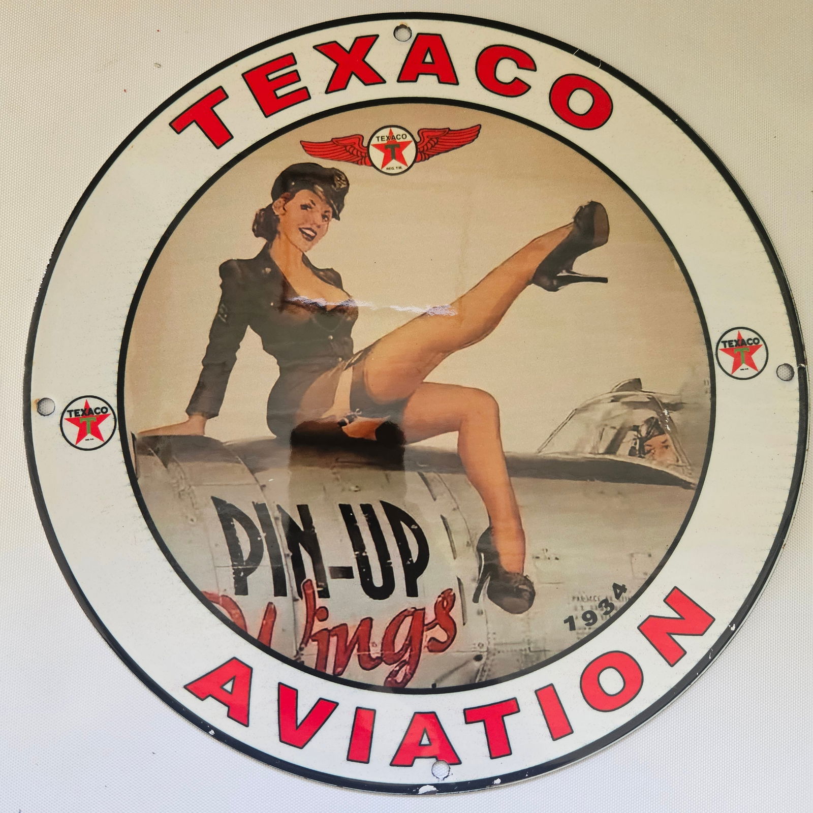 1934 TEXACO AVIATION GAS OIL GARAGE MAN CAVE PORCELAIN SIGN (1 of 2)