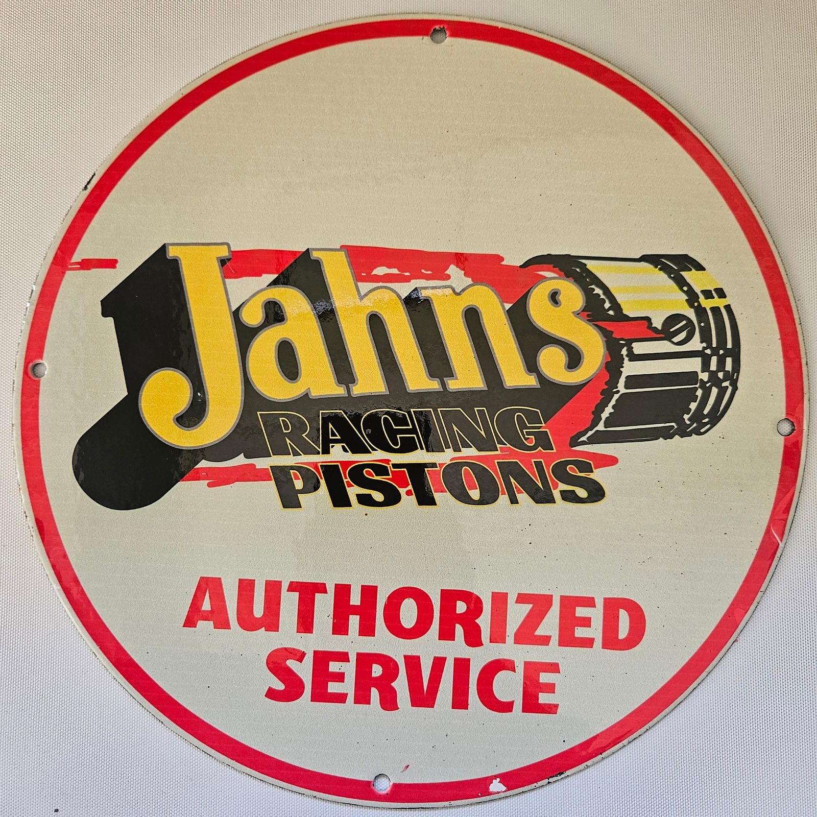 JAHN'S RACING PISTONS GAS OIL GARAGE MAN CAVE PORCELAIN SIGN (1 of 2)
