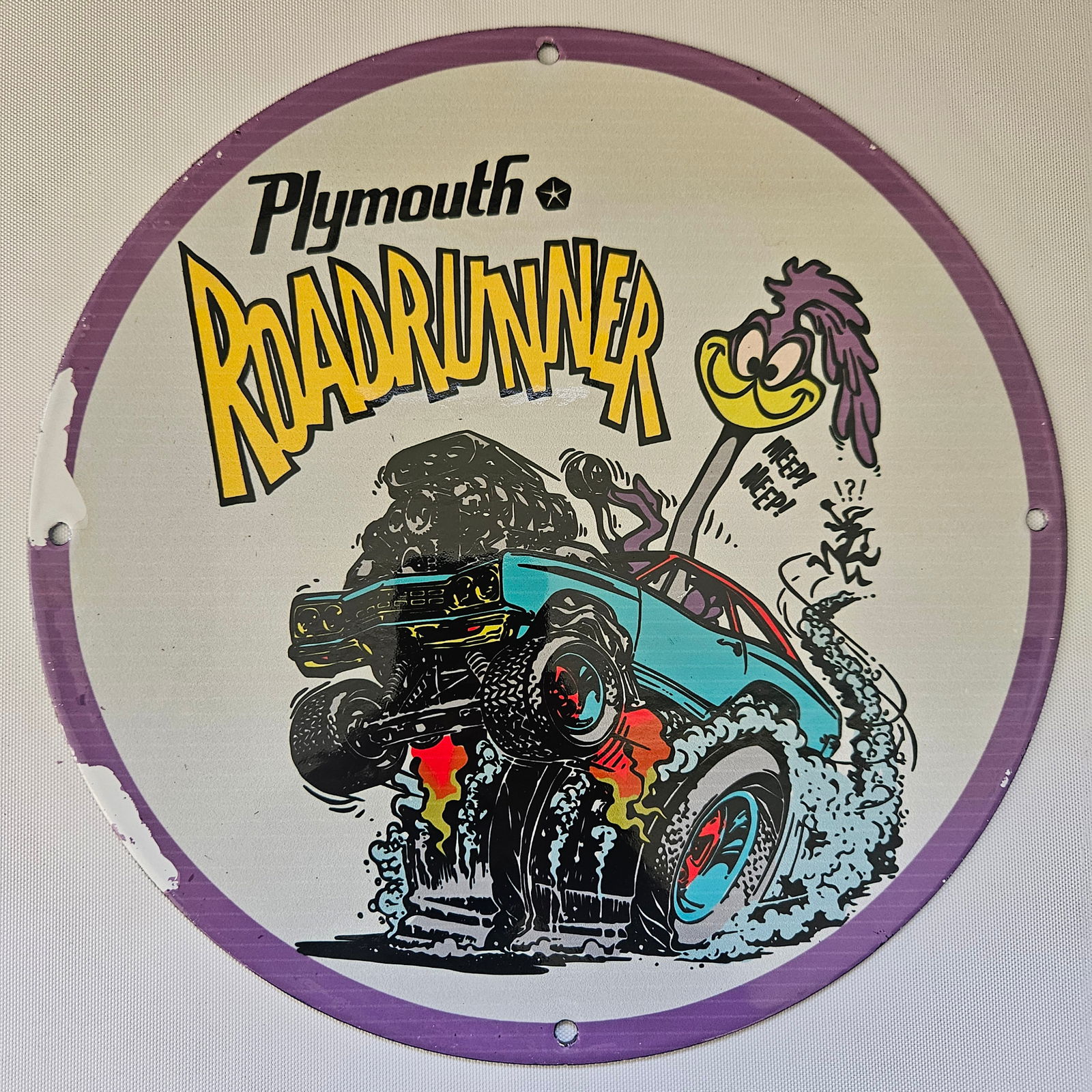 PLYMOUTH ROADRUNNER GAS OIL GARAGE MAN CAVE PORCELAIN SIGN (1 of 2)