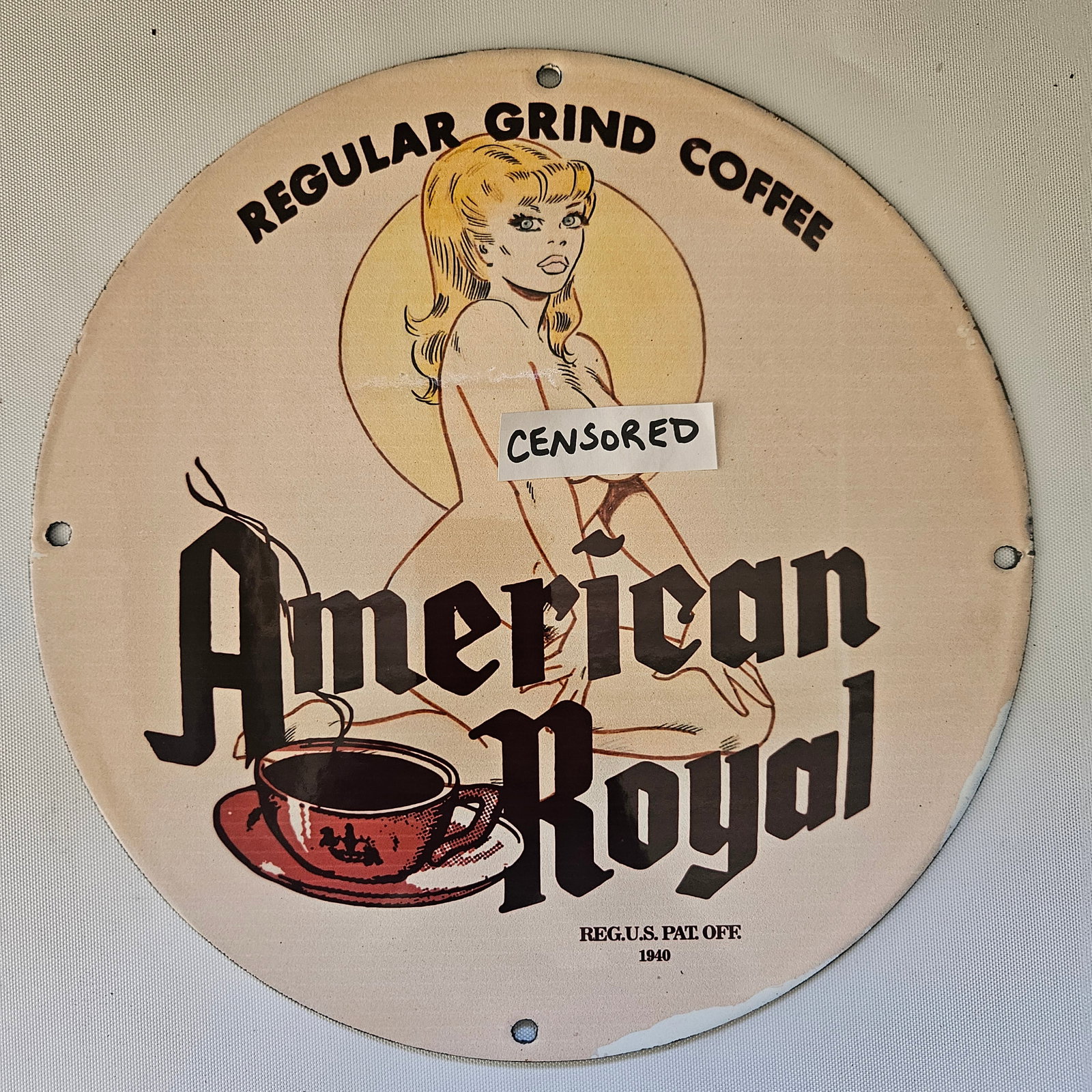 1940 AMERICAN ROYAL COFFEE GAS OIL GARAGE MAN CAVE PORCELAIN SIGN (1 of 2)