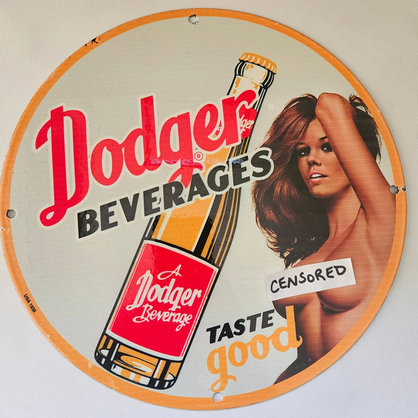 1938 DODGER BEVERAGES GAS OIL GARAGE MAN CAVE PORCELAIN SIGN (1 of 2)